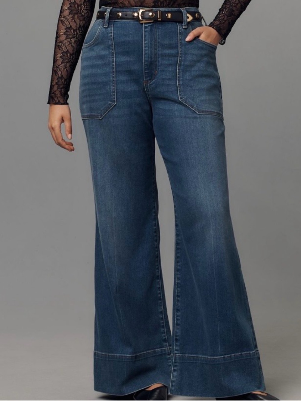 Pilcro Rylan Relaxed High-Rise Flare Jeans in Dark Blue- Eskolaite Wash